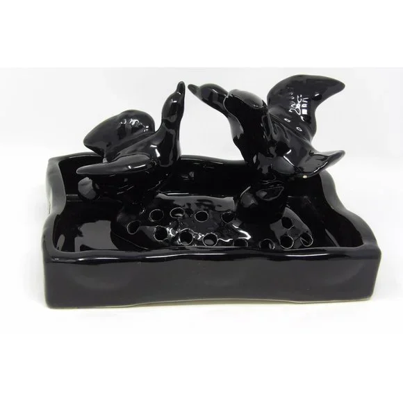Vintage Camark Pottery Black Pair of Ducks Flower Frog with Matching Black Pond